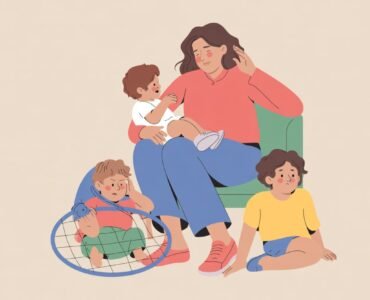 Exhausted mum sitting with her older kids, showing the mental and physical fatigue of parenting older children