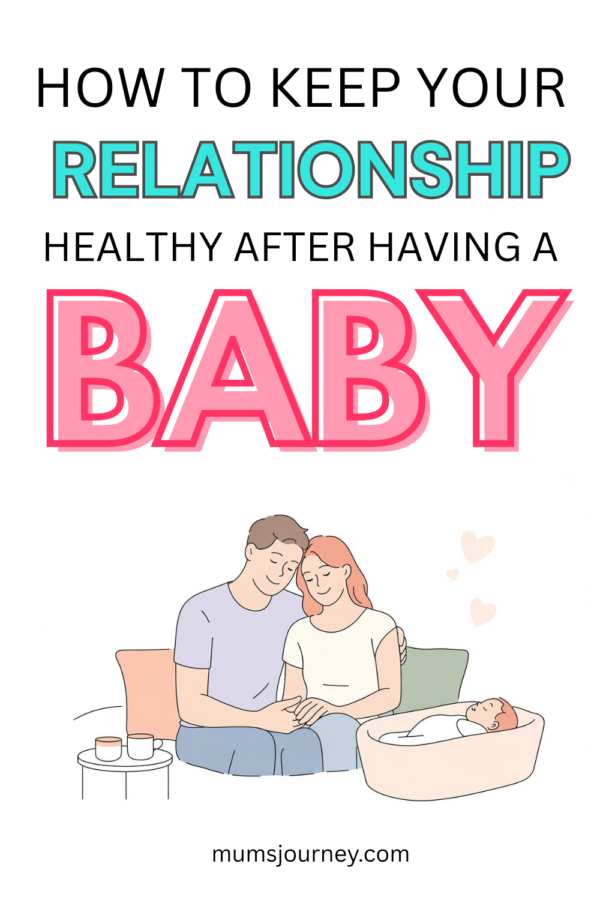 New parents sitting together with baby, sharing a quiet moment, illustrating connection and relationship tips for new mums after childbirth