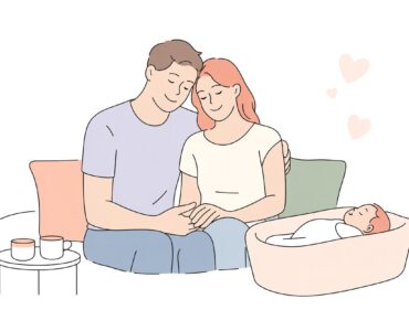 New parents sitting together with baby, sharing a quiet moment, illustrating connection and relationship tips for new mums after childbirth