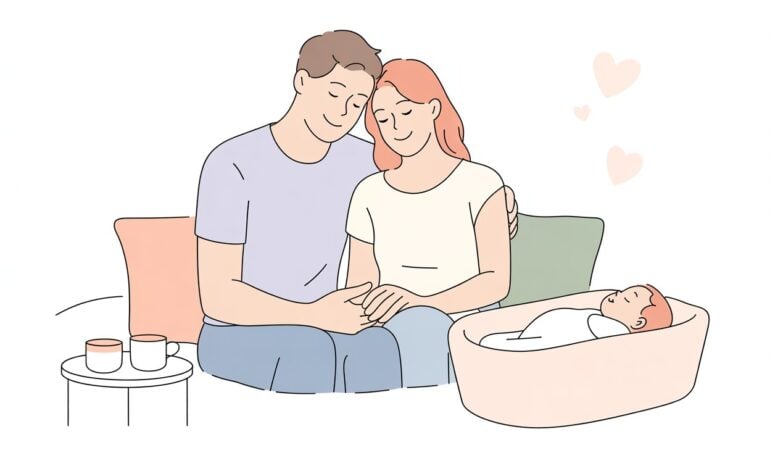 New parents sitting together with baby, sharing a quiet moment, illustrating connection and relationship tips for new mums after childbirth